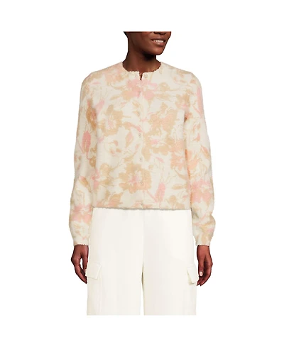 Lands' End Women's Fine Gauge Eyelash Cardigan Printed Sweater - Set Top