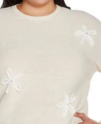 Belldini Plus 3D Floral Crewneck Trim Sweater