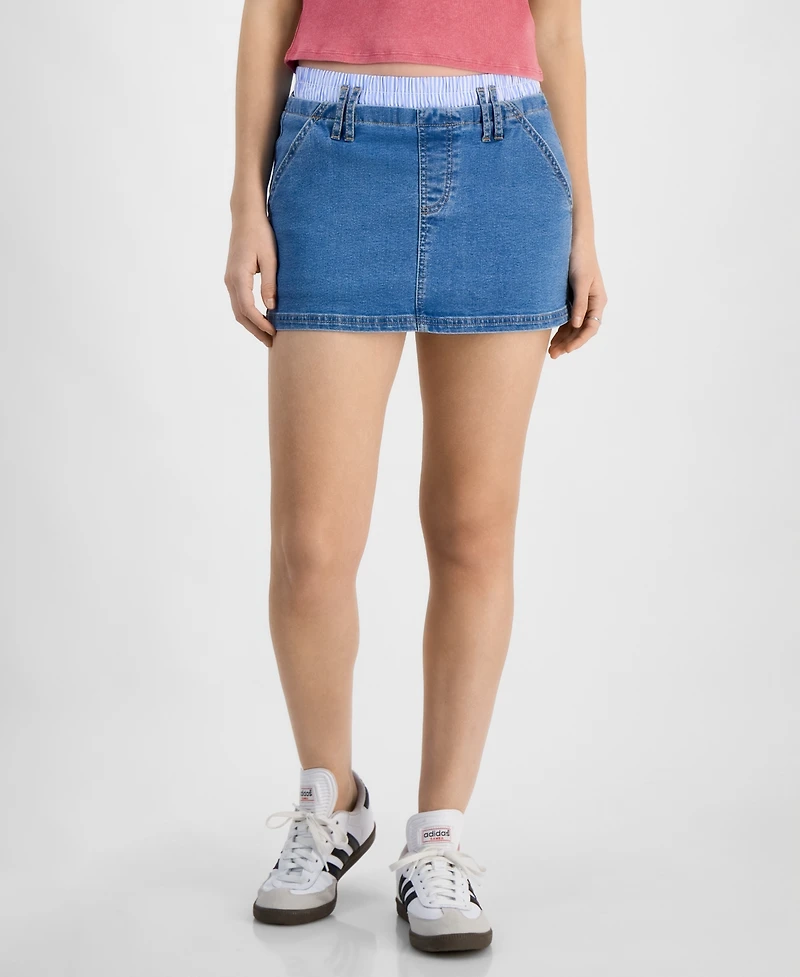 Madden Girl Juniors' Contrast-Waist Denim Skirt