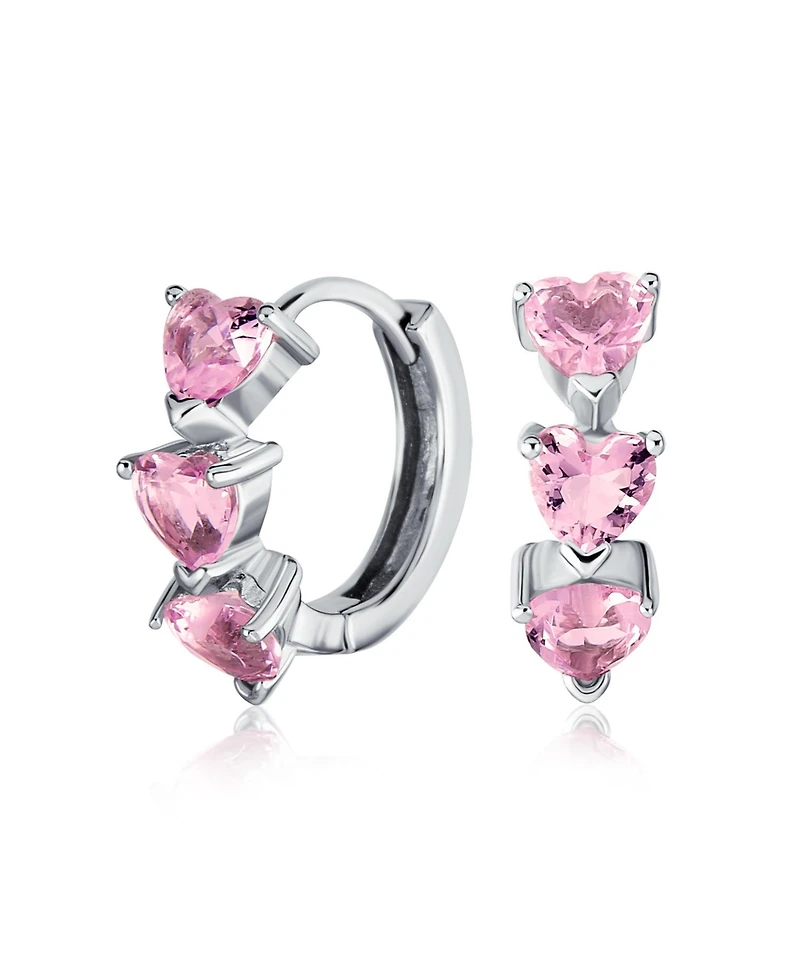 Bling Jewelry Romantic Pink Heart Cz Hoop Earrings Small Huggie Sterling Silver