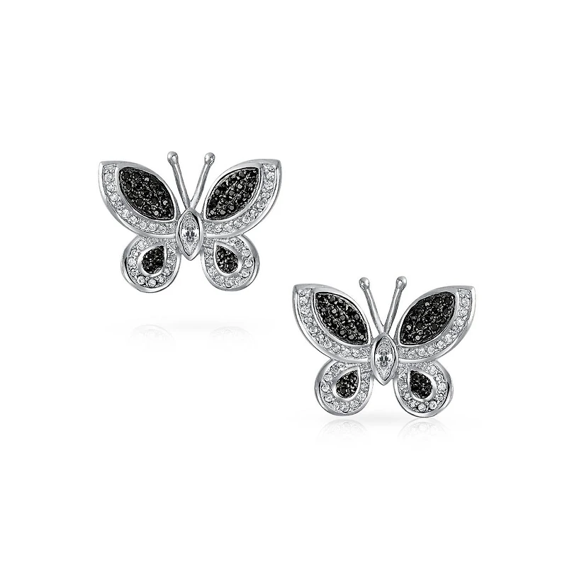 Bling Jewelry Monochrome Black & White Cubic Zirconia Cz Stud Earrings with Butterfly Design in Silver