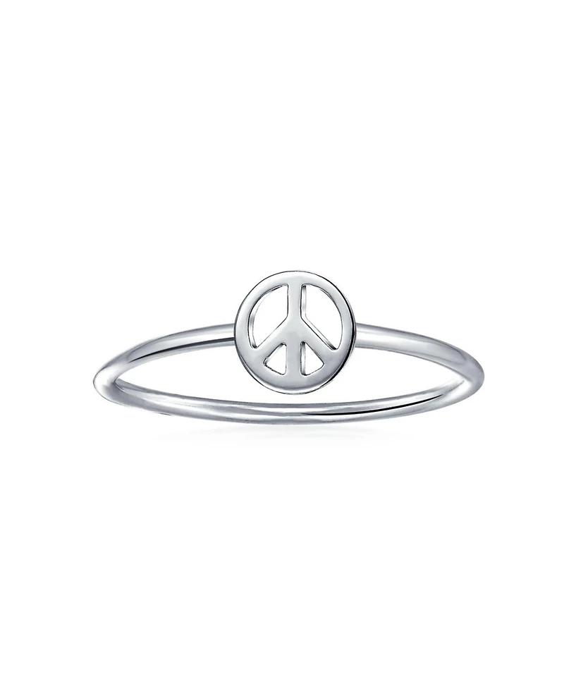 Bling Jewelry Minimalist Sterling Silver Ring Stackable Midi Knuckle Band with Peace Sign