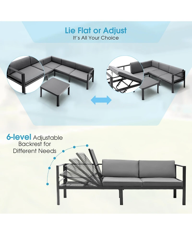Gymax 3PCS Patio Furniture Set Aluminum Lounge Adjust Back Recliner Sofa Table Cushion