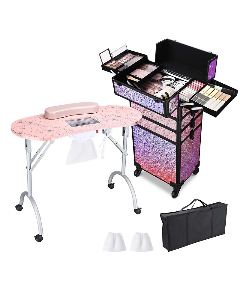 Byootique Folding Manicure Nail Table 4in1 Rolling Makeup Case Mermaid Pink