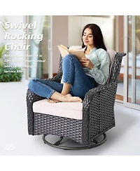 Xizzi Outdoor Swivel Rocking Chairs Set, Patio Furniture Set with 50,000 Btu Rectangular Propane Fire Pit Table, 7 Pieces High Back Conversation Sofa