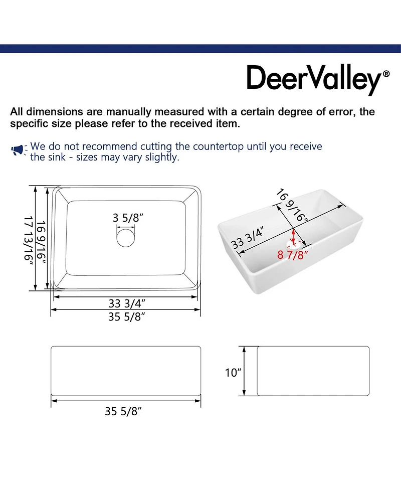 DeerValley 36" L X 18" W Fireclay Rectangular Single Bowl Farmhouse Kitchen Sink with Grid and Strainer