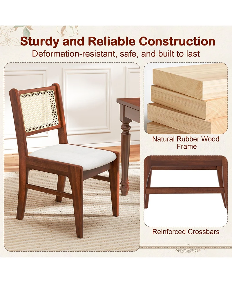 Wooden Kitchen Chairs with Cane Back Rubber Wood Frame and Padded Seat