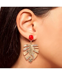Jessica Simpson Gold-Tone Tropical Leaf Drop Earrings with Red Accents – Statement Earrings with Crystal Detailing