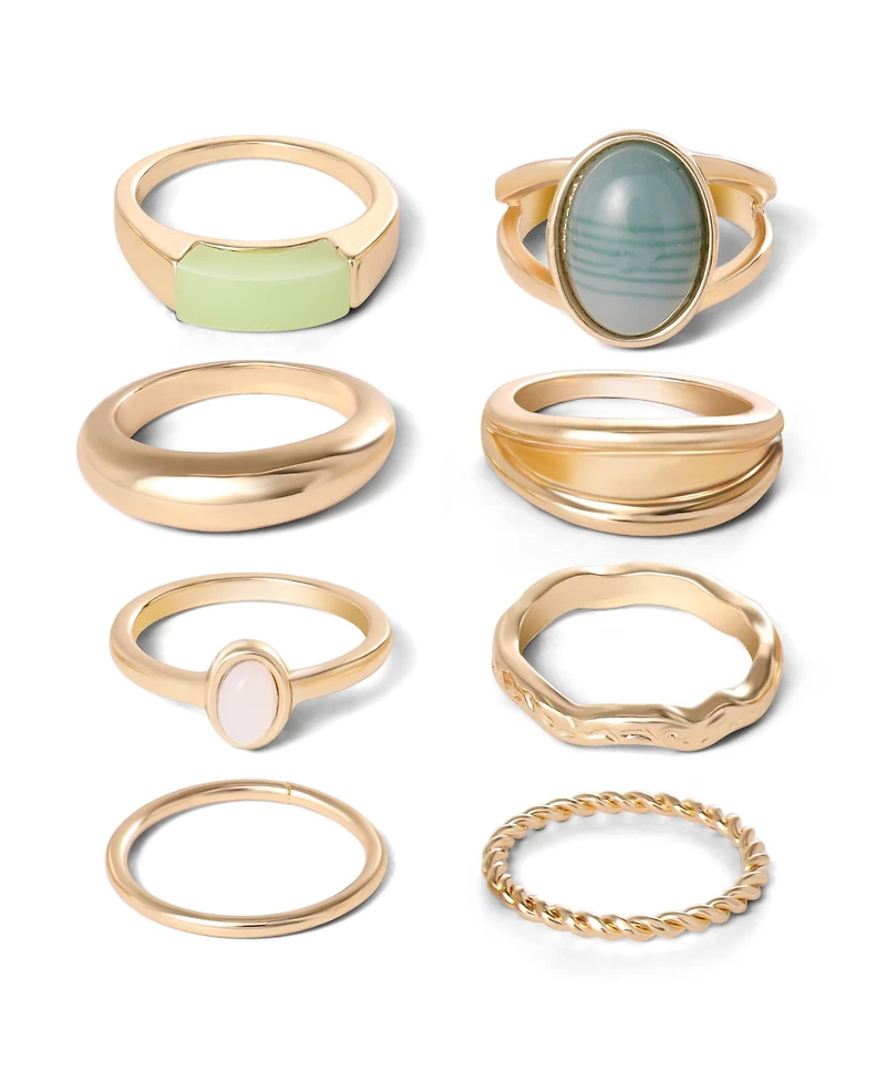 Jessica Simpson Gold-Tone 8-Piece Stacking Ring Set with Green Stone Accents - Size 7