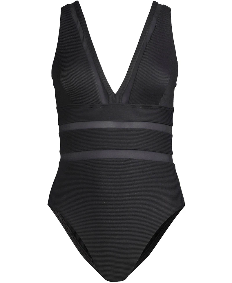 Lands' End Women's Mesh Ribbed Plunge High Leg One Piece Swimsuit