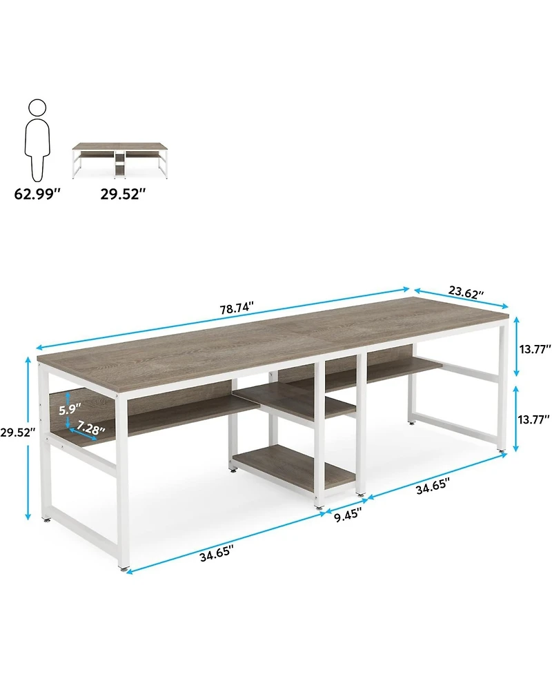 Tribesigns 78.7 Computer Office Double Desk for Two Person, Writing Desk Workstation with Shelf for Home Office, Grey