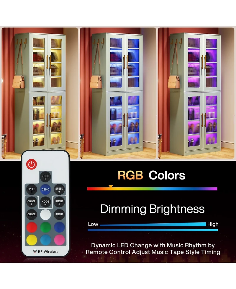 Tribesigns Tall Shoe Cabinet with Acrylic Doors and Led Lights, 8-Tier Entryway Storage Rack Adjustable Shelves Hanging Hooks