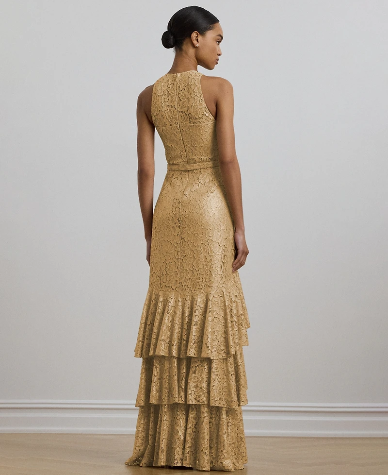 Lauren Ralph Lauren Women's Belted Metallic Lace Tiered Gown