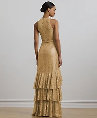 Lauren Ralph Lauren Women's Belted Metallic Lace Tiered Gown