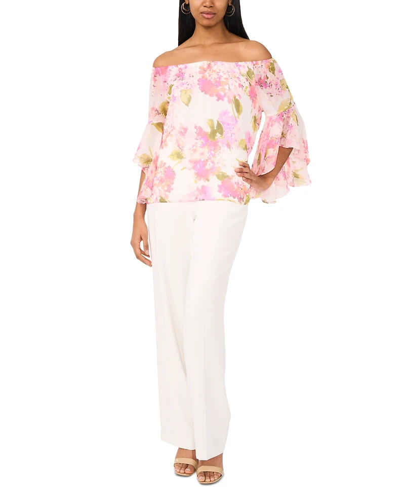 Msk Petite Floral Off-The-Shoulder Ruffled-Cuff Top