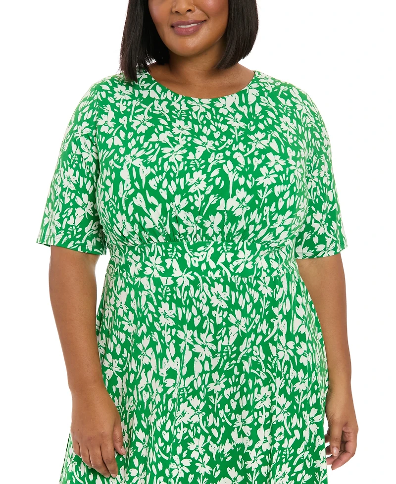 London Times Plus Size Floral-Print Short-Sleeve Midi Dress