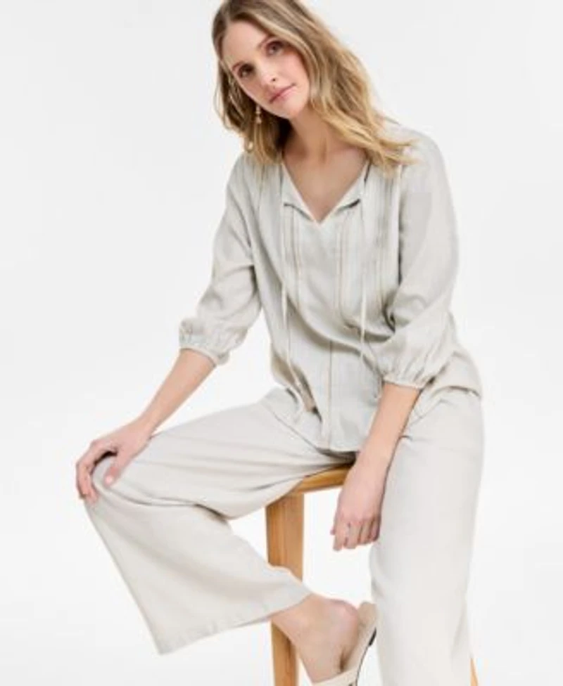 Jm Collection Womens Linen Pintuck Embroidered Top Pants Exclusively At Macys