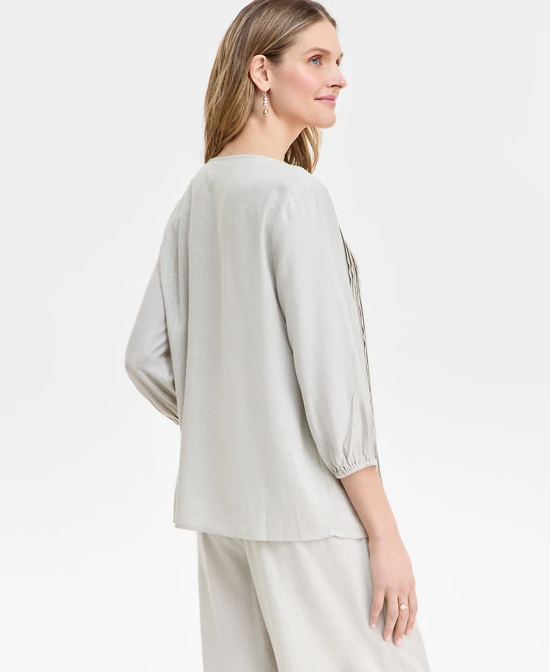 Jm Collection Women's Linen Blend Embroidered Pintuck Top, Exclusively at Macy's