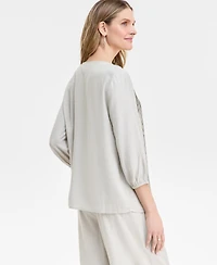 Jm Collection Women's Linen Blend Embroidered Pintuck Top, Exclusively at Macy's