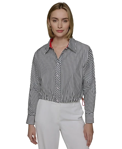 Karl Lagerfeld Paris Women's Cotton Striped Contrast-Collar Drawcord Button-Front Top