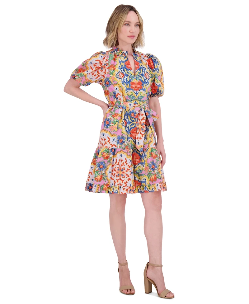 Vince Camuto Women's Printed Cotton Ruffle-Neck Tie-Waist Dress