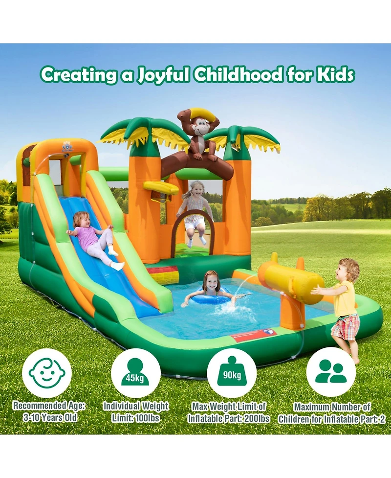 Monkey-Themed Inflatable Water Slide with Jumping Area and Pool with 680W Blower