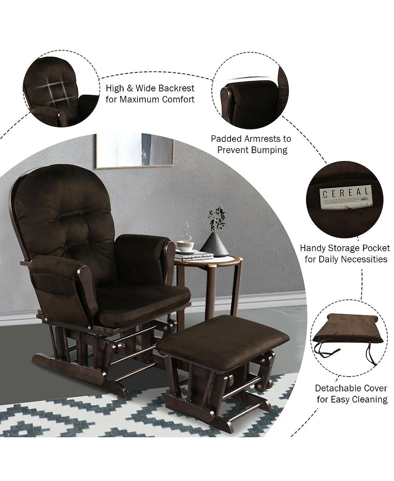Wood Glider and Ottoman Set with Padded Armrests Detachable Cushion