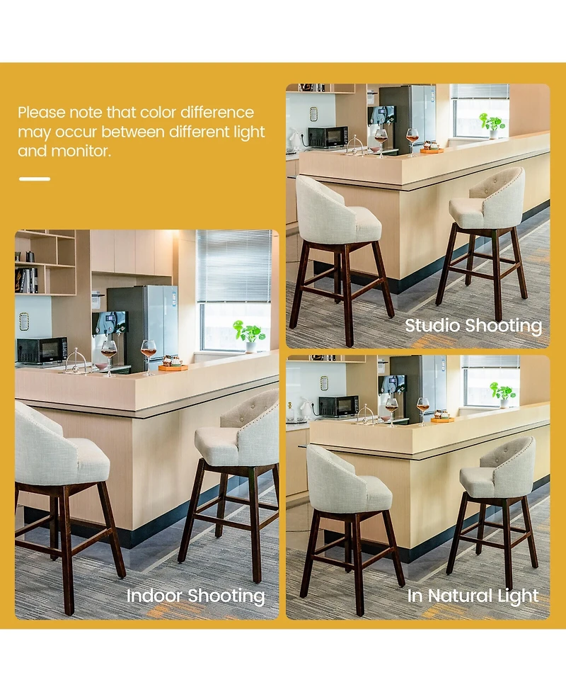 Gymax Set of 4 Swivel Bar Stools Tufted Bar Height Pub Chairs w/ Rubber Wood Legs