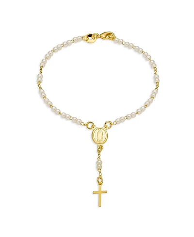 Bling Jewelry Dainty White Pearl Rosary-Bead Bracelet with Cross Gold Plated 7.5 Inch