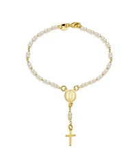 Bling Jewelry Dainty White Pearl Rosary-Bead Bracelet with Cross Gold Plated 7.5 Inch
