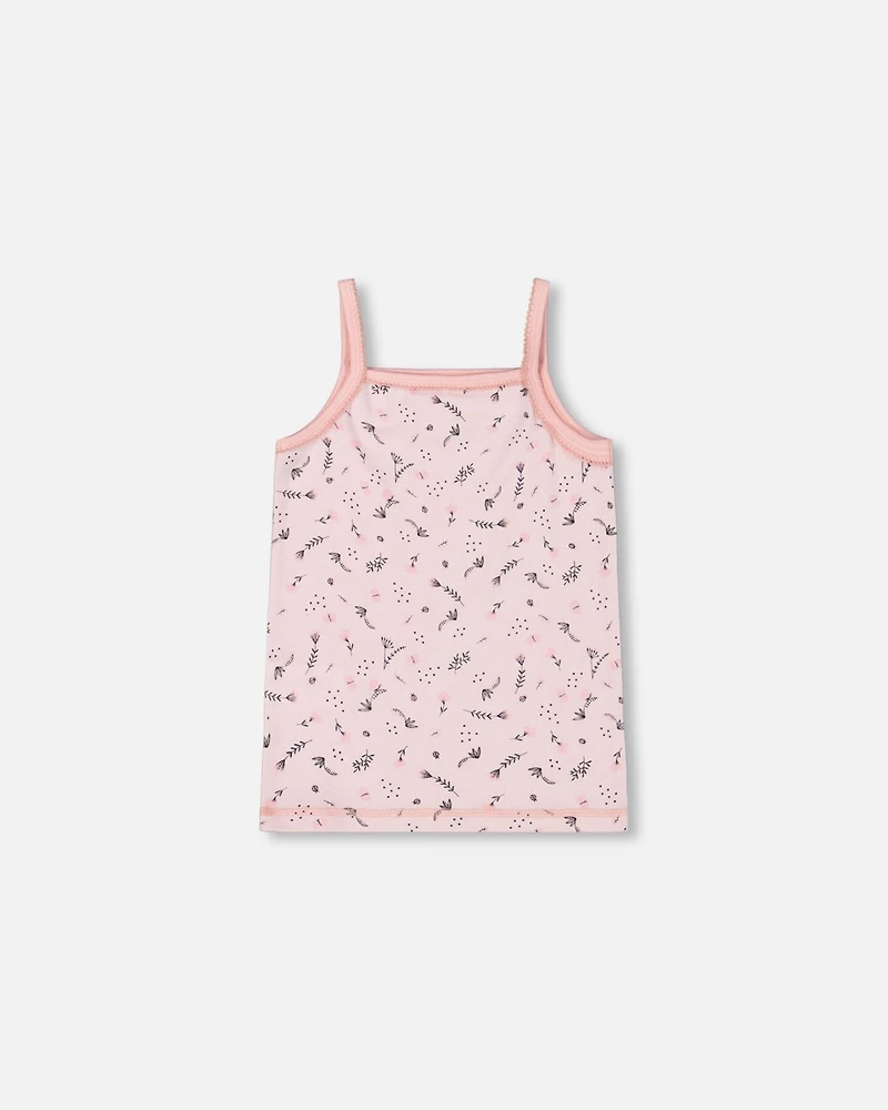 Girl Printed Cotton Tank Top Small Pink Flowers On Pale Background - Toddler|Child