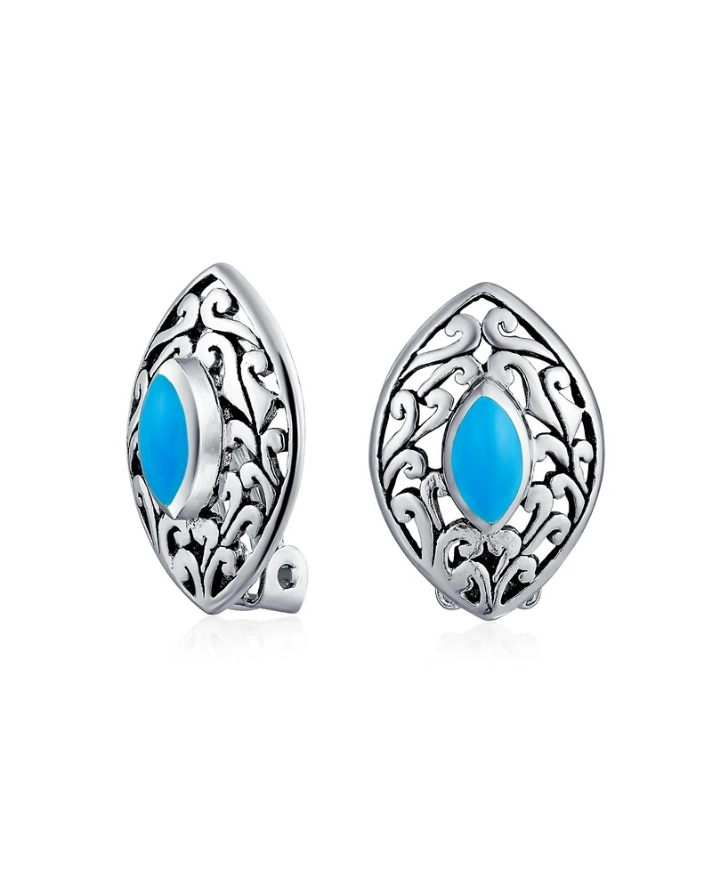 Bling Jewelry Western Filigree Marquise Blue Turquoise Clip-On Earrings Non-Pierced Sterling Silver