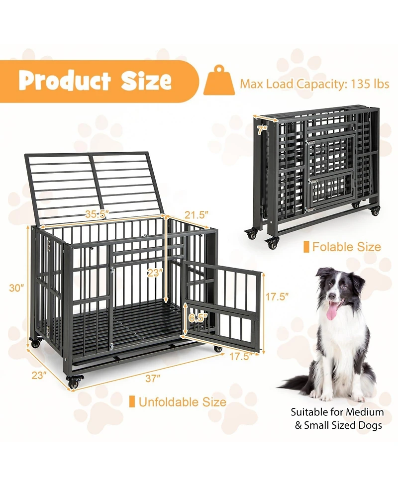Foldable Heavy-Duty Metal Dog Cage Chew-proof Dog Crate with Lockable Universal Wheels