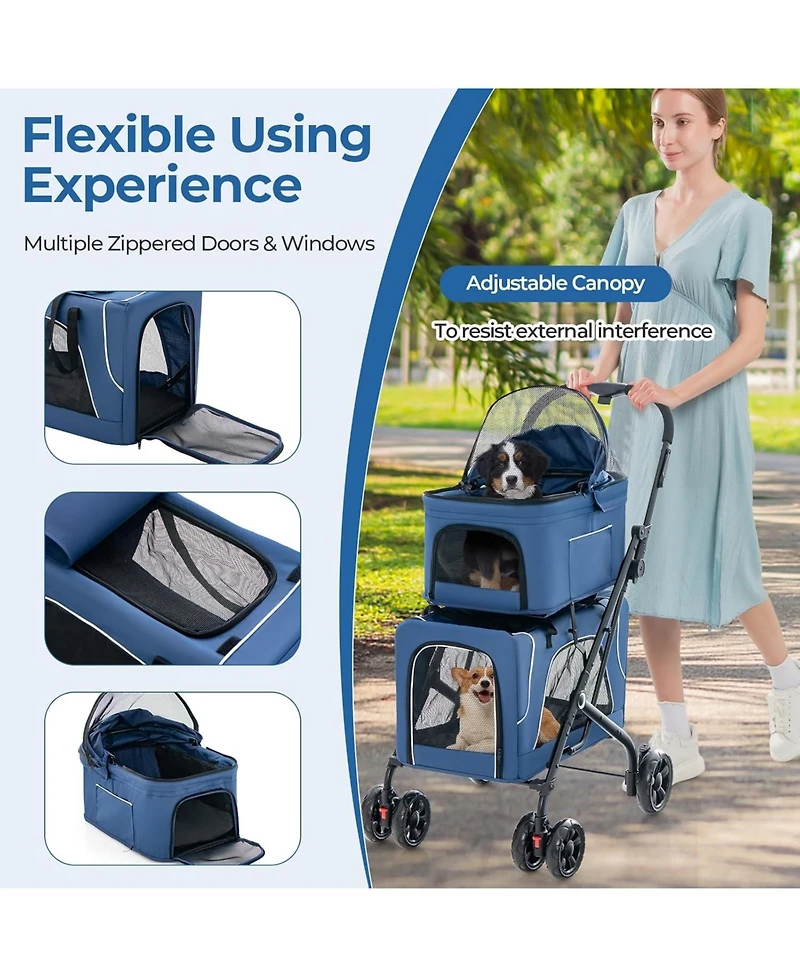 Double Pet Stroller Foldable 3-in-1 Dog Stroller with 2 Detachable Carriers