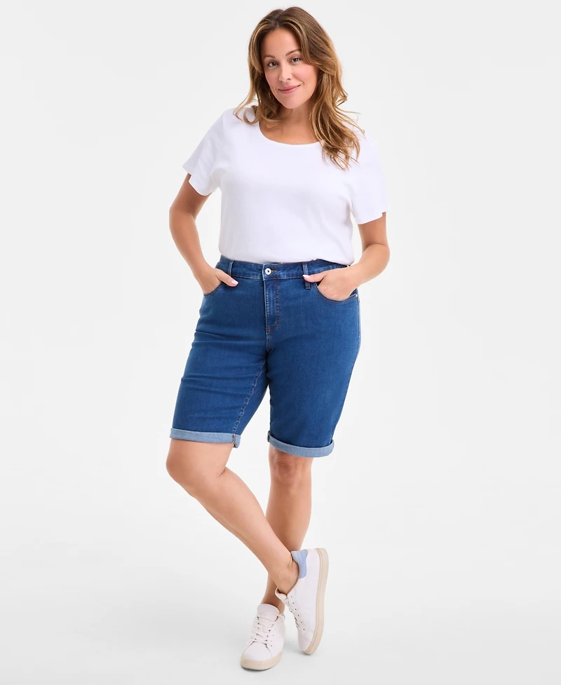Style & Co Plus Mid-Rise Roll-Cuff Bermuda Denim Shorts, Exclusively at Macy's