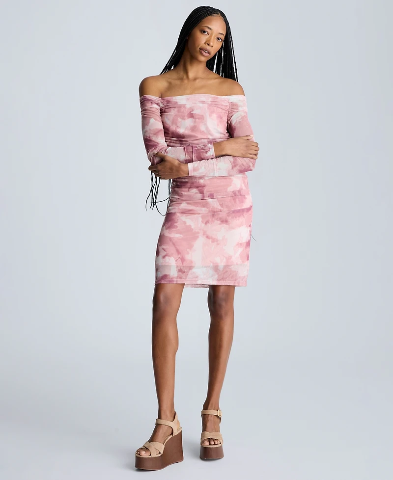 Kenneth Cole Women's Printed Ruched Long-Sleeve Dress