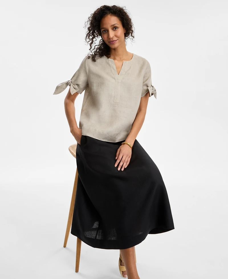 Charter Club Women's 100% Linen Split-Neck Tie-Cuff Top, Created for Macy's