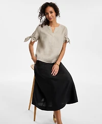 Charter Club Women's 100% Linen Split-Neck Tie-Cuff Top, Created for Macy's