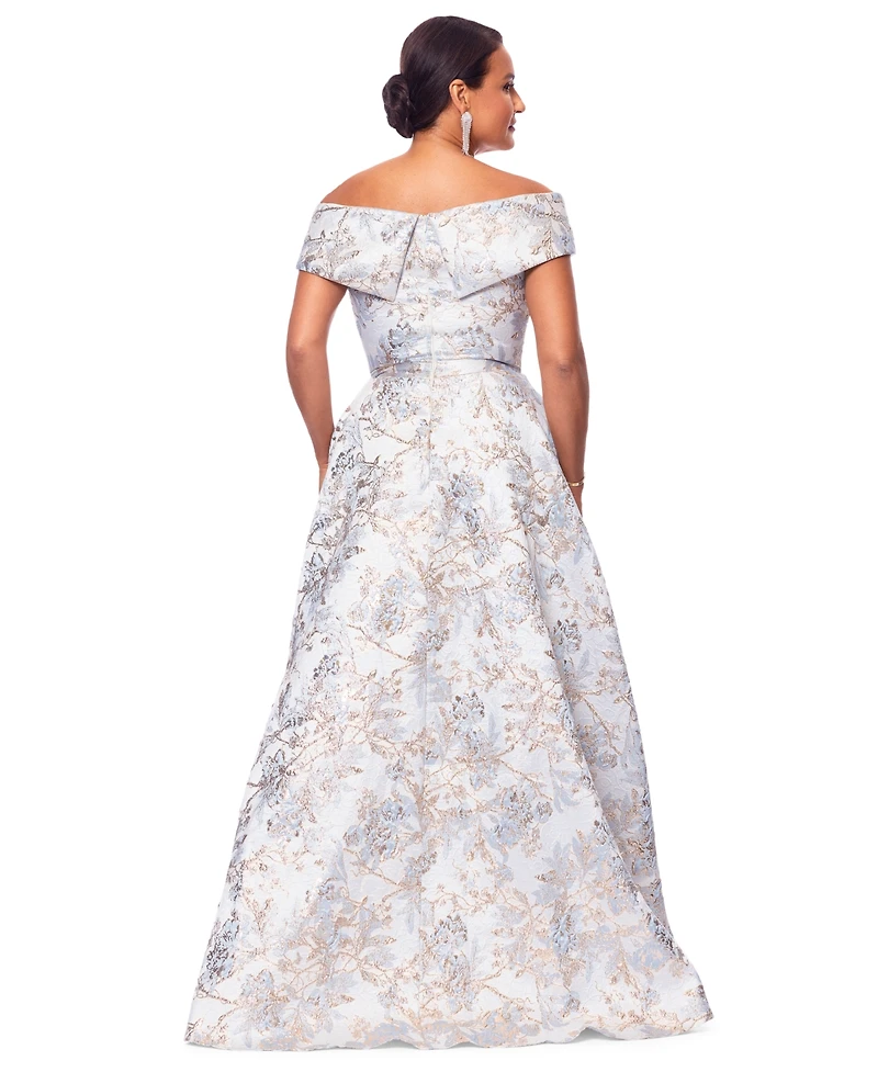 Xscape Petite Off-The-Shoulder Metallic Jacquard Gown