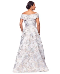 Xscape Petite Off-The-Shoulder Metallic Jacquard Gown