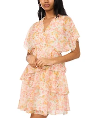 Msk Women's Printed V-Neck Dolman-Sleeve Tiered Dress