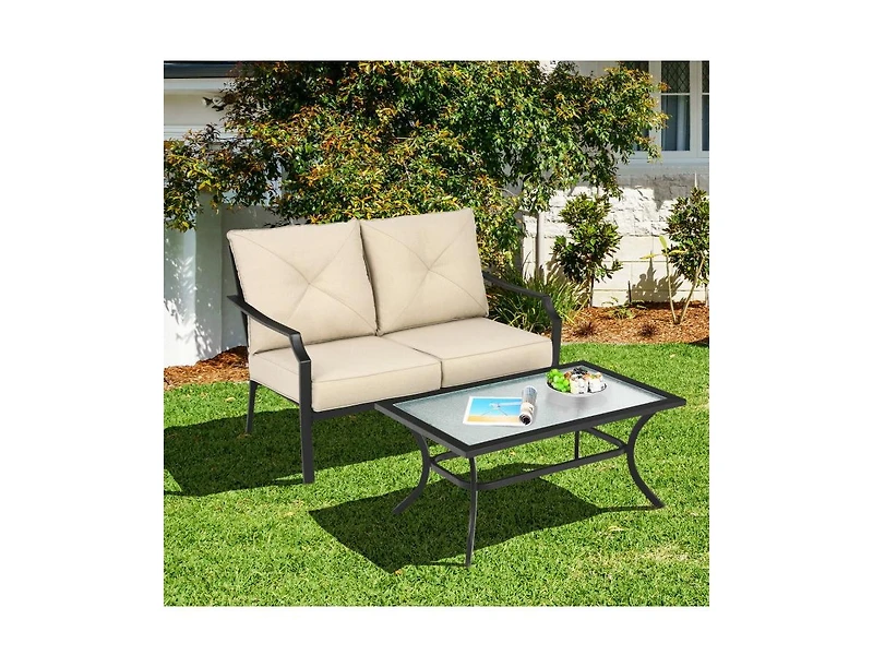 2 Pieces Patio Outdoor Cushioned Sofa Bench with Coffee Table
