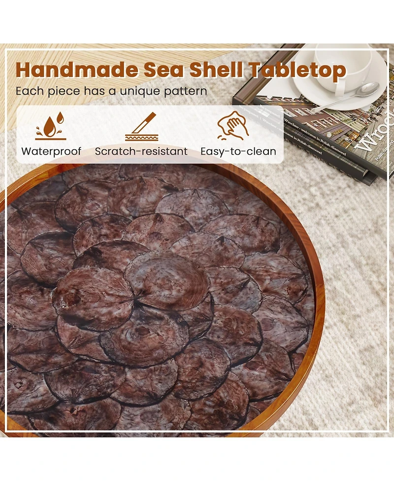 Round End Table with Sea Shell Inlay and Epoxy Resin Top for Living Room Decor