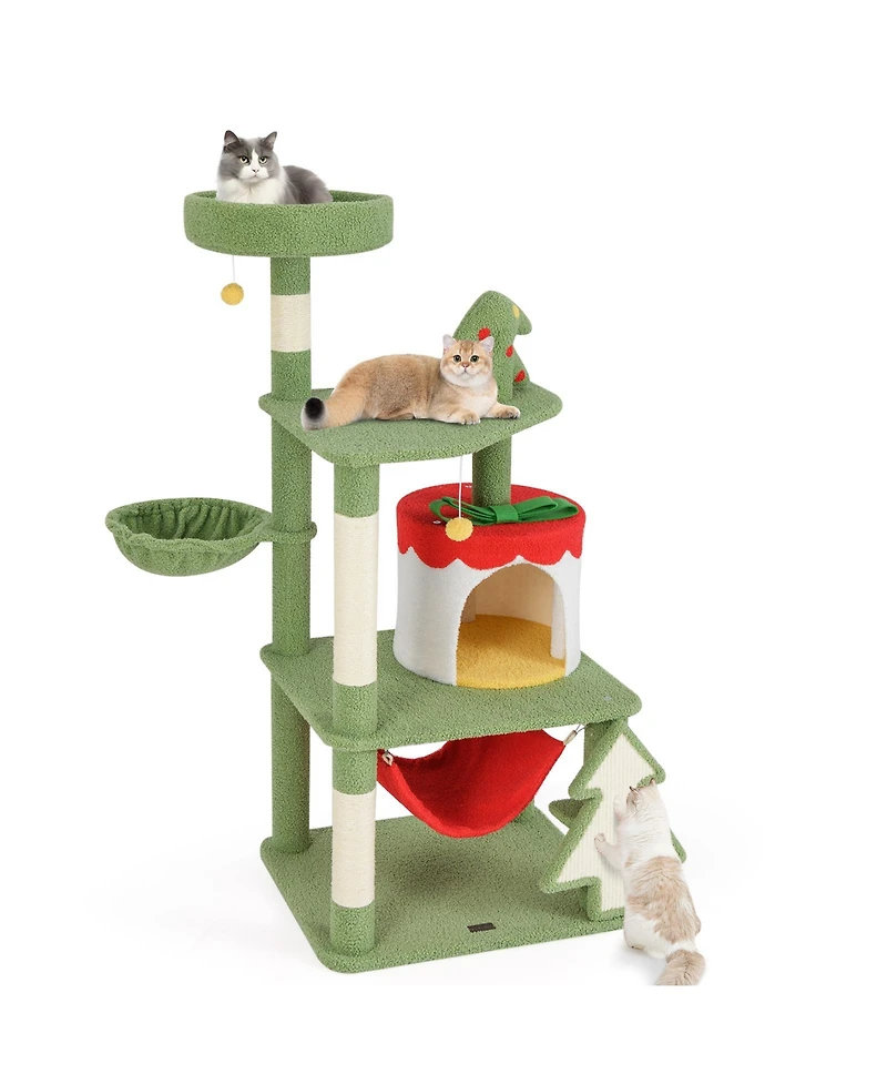 Cute Christmas Cat Tree with Scratching Posts & Gift Box-Shaped Condo Festive Playhouse for Cats