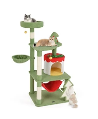 Cute Christmas Cat Tree with Scratching Posts & Gift Box-Shaped Condo Festive Playhouse for Cats