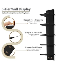 Sorbus 5 Tier Wall Mounted Floating Shelf Unit with Hooks - Home Decor and Storage Organizer