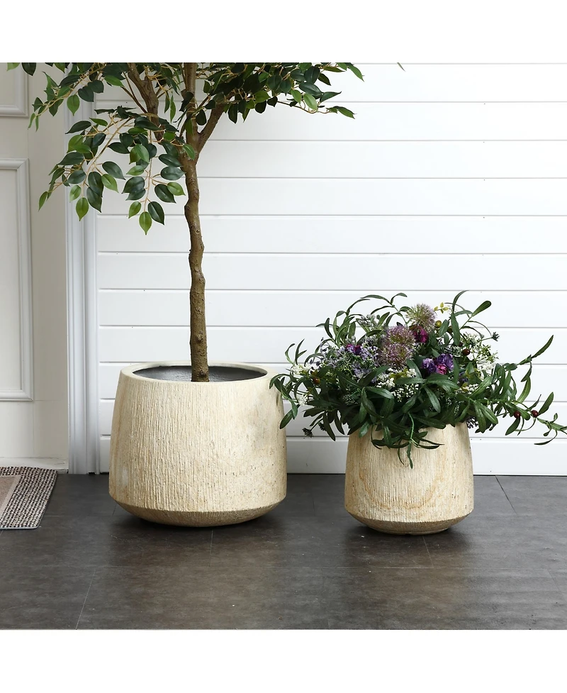 LuxenHome 2-Piece Marble Brown Ribbed Texture MgO Planter Set, Indoor and Outdoor