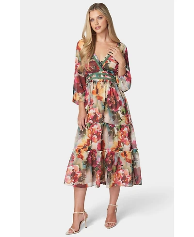 Bebe Women's Lace Up Back Chiffon Midi Dress