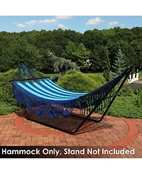 Heavy-Duty Deluxe Hand-Woven Cotton American-Style Mayan Hammock with Spreader Bars - 770 lb Weight Capacity Blue