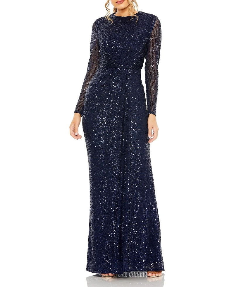 Mac Duggal Women's Sequined Long Sleeve Side Knot Gown
